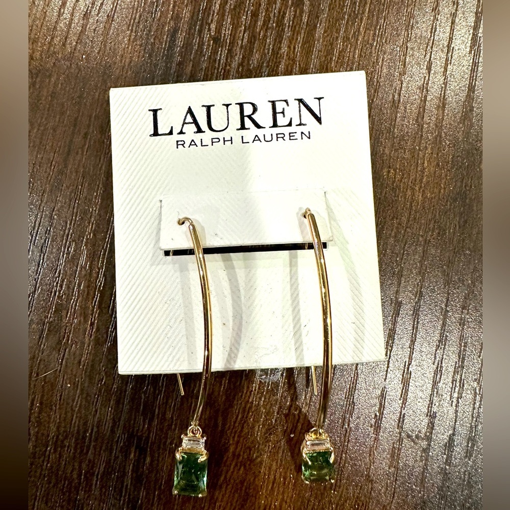 Lauren Ralph Lauren Green Crystal Pave Stone Threader Earrings NWT​